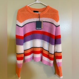 PIECES Orange Multicolor Striped Crewneck Sweater